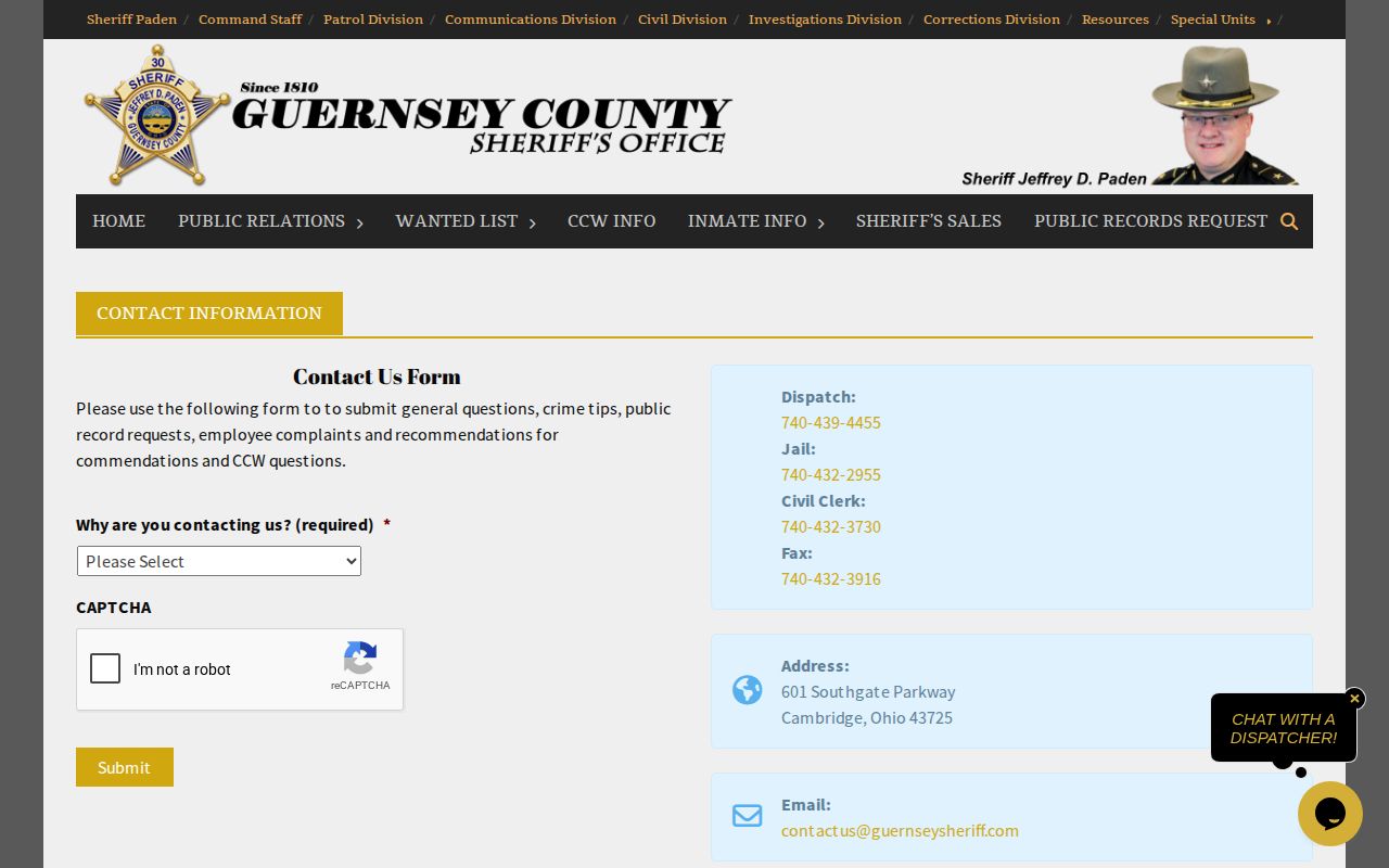 Guernsey County release record request form and jail contacts