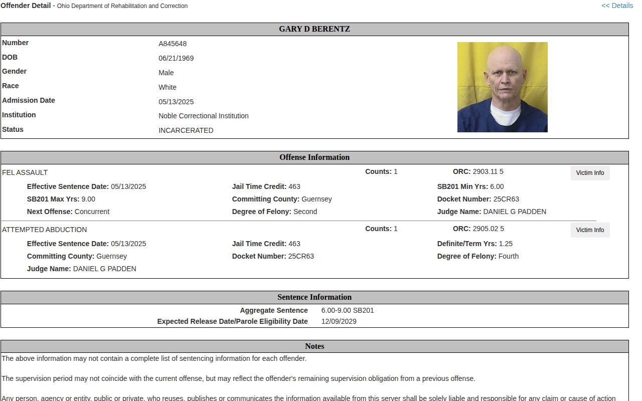 Guernsey County projected release date field in an Ohio ODRC record