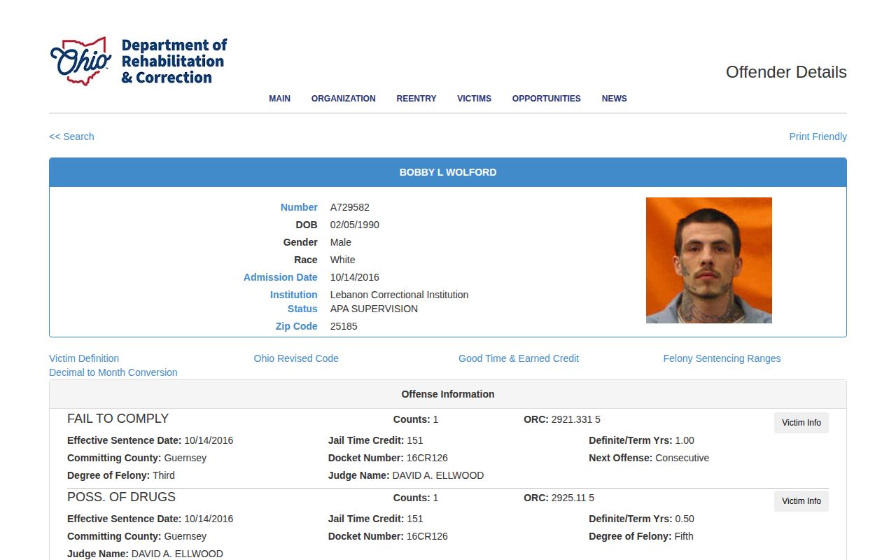 Guernsey County post-release APA supervision record in Ohio ODRC