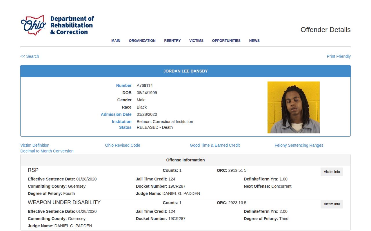 Ohio released status and photo for Guernsey County inmate records
